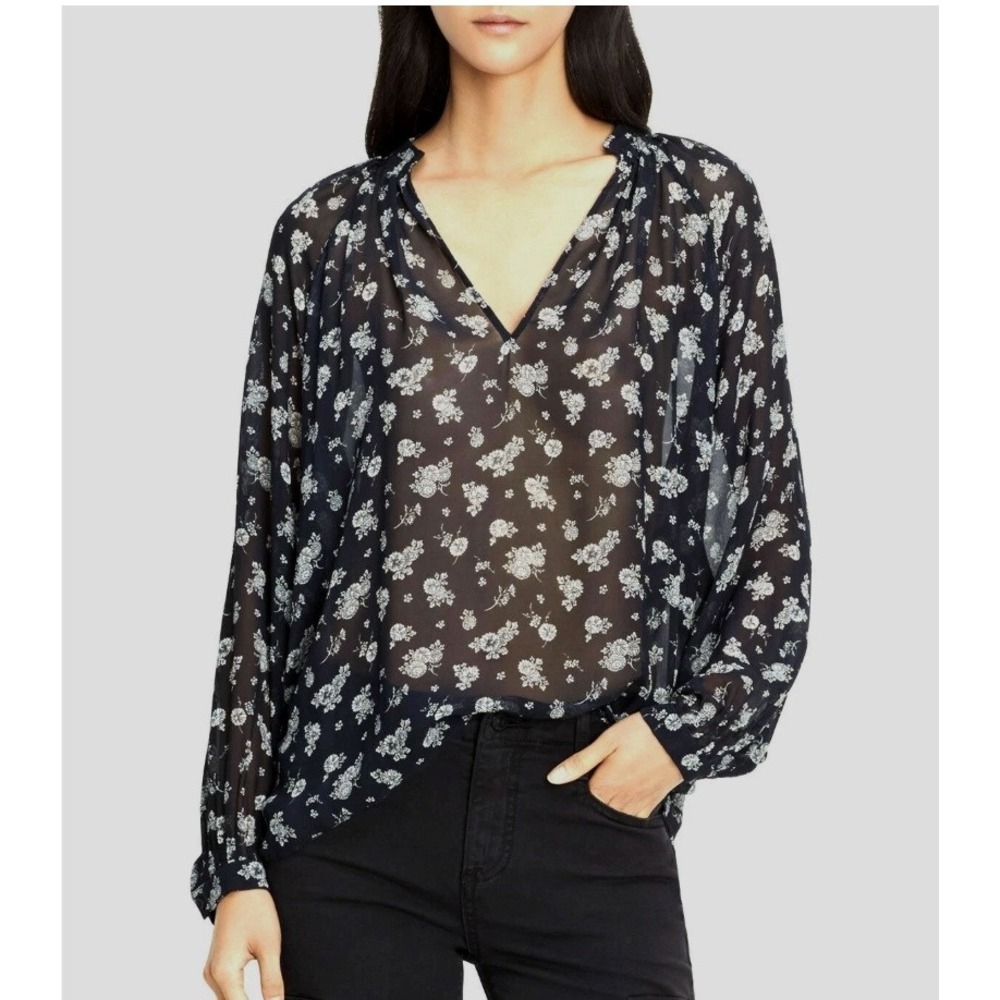 Vince Calico Blouse Size M Black White Floral Sheer 100% Silk V Neck Romantic